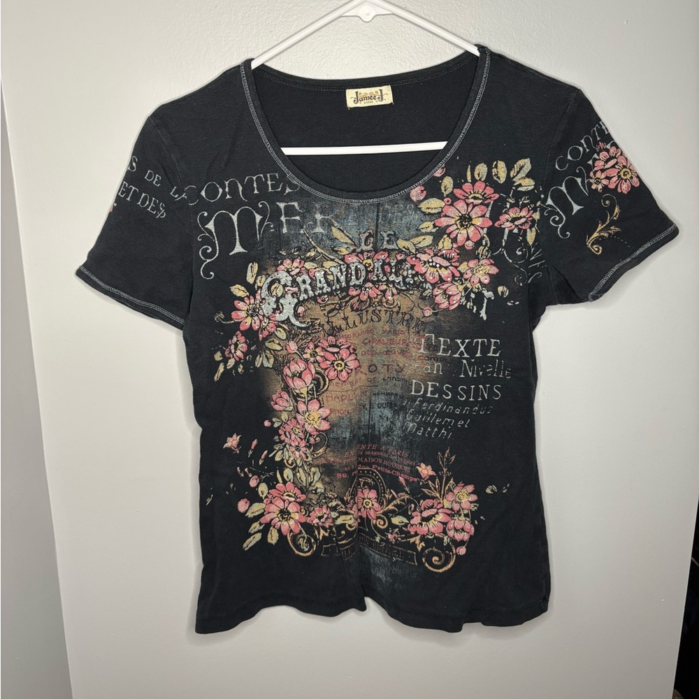Jamee J Black Floral Graphic Women's Top
